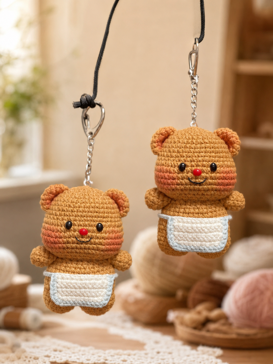 Two finished Apron Bear crochet keychains in a warm craft-room setting
