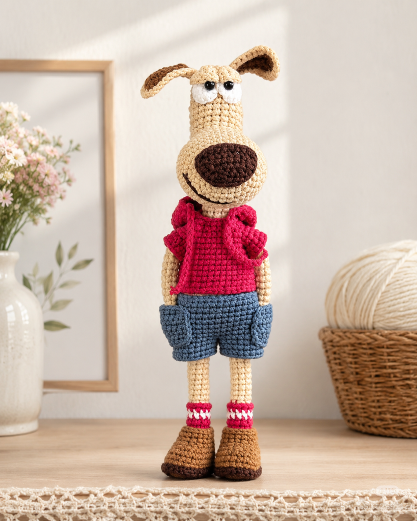 Crocheted long-nosed dog doll in a red hoodie and blue shorts, standing on a shelf beside a vase of flowers