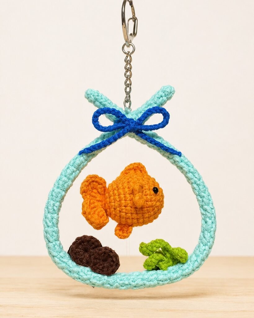 Crocheted goldfish ornament: an orange fish suspended inside a mint aquarium hoop with a blue bow, brown rocks and green leaves, on a keyring clasp