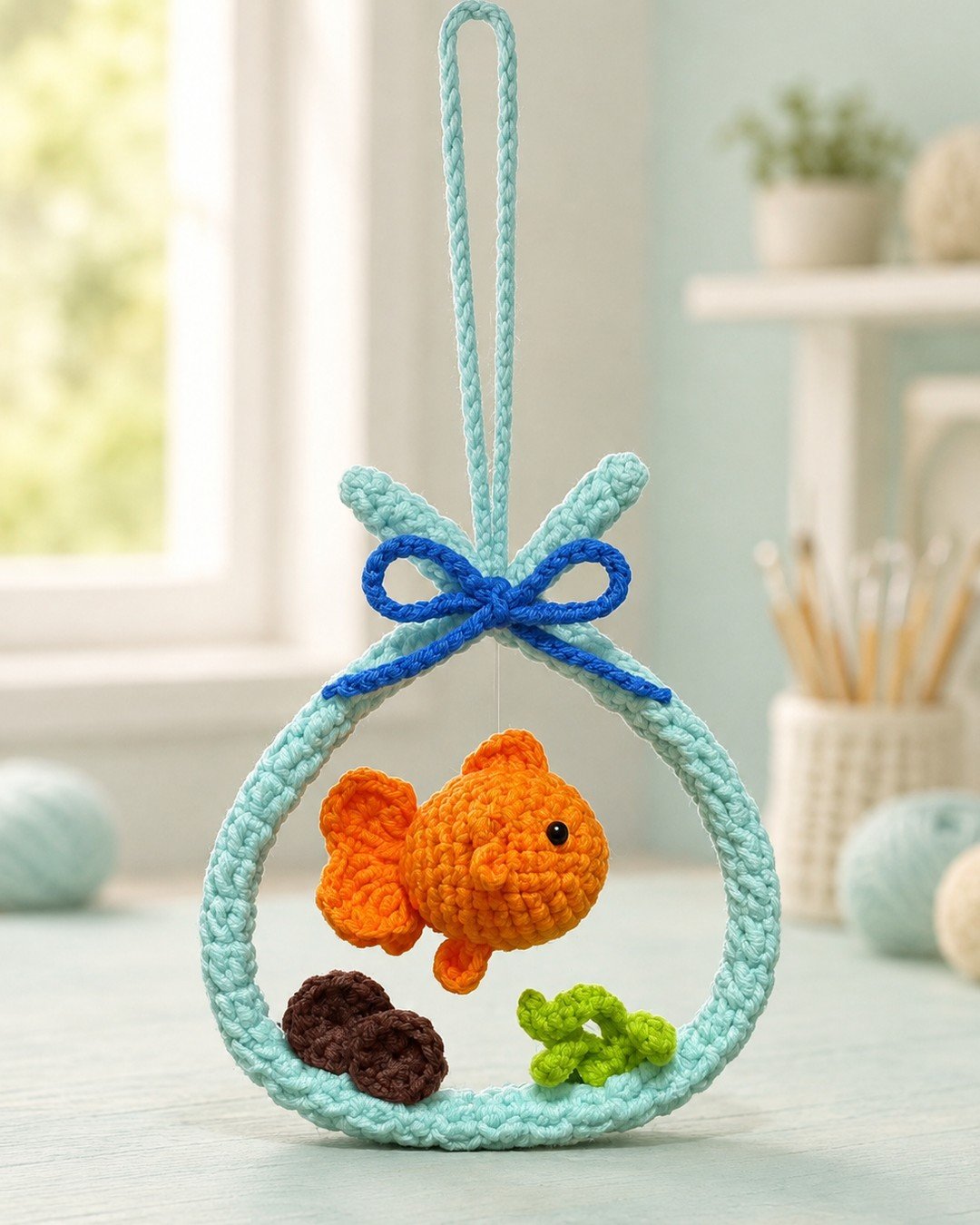 A crocheted goldfish aquarium ornament on a craft room shelf