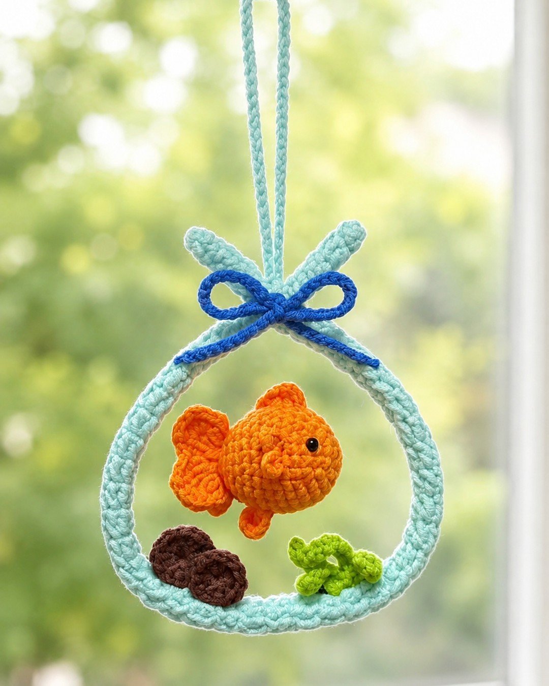 The goldfish aquarium ornament hanging in front of a bright window with green foliage behind it
