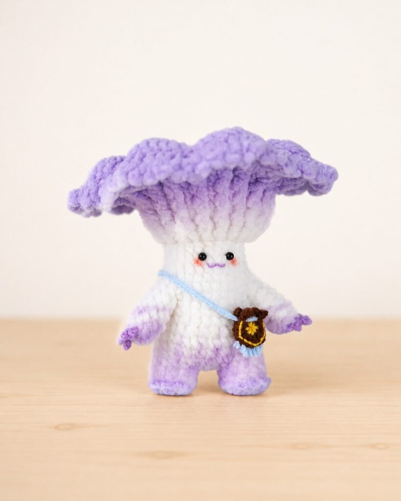Crocheted white mushroom doll with a ruffled purple cap, standing on a wooden surface with a small brown crossbody bag