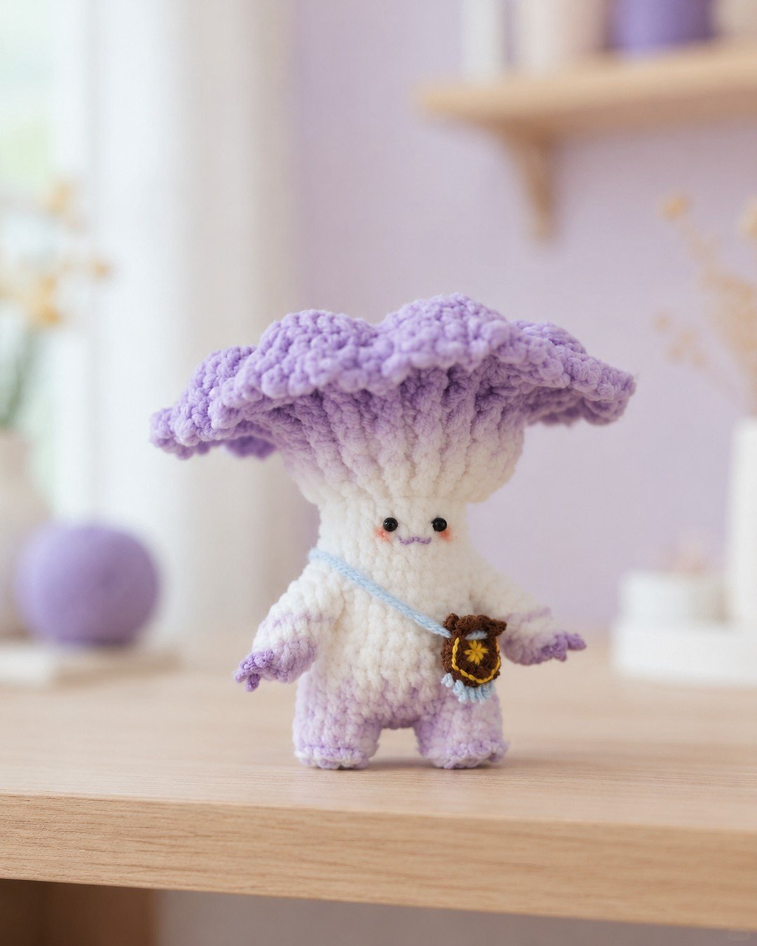 A finished purple crochet mushroom sitting on a wooden surface