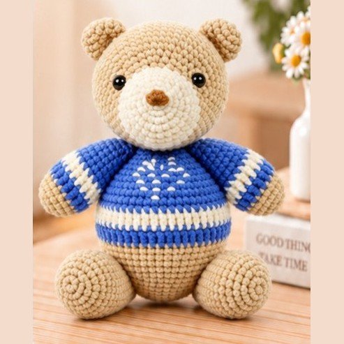 Biscuit the Bear – Crochet Bear in a Blue Striped Sweater