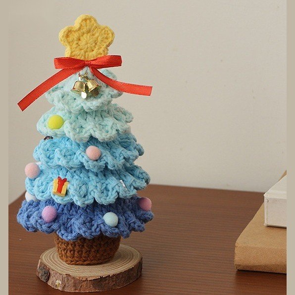 Blue Crochet Christmas Tree on a Wood Slice Base