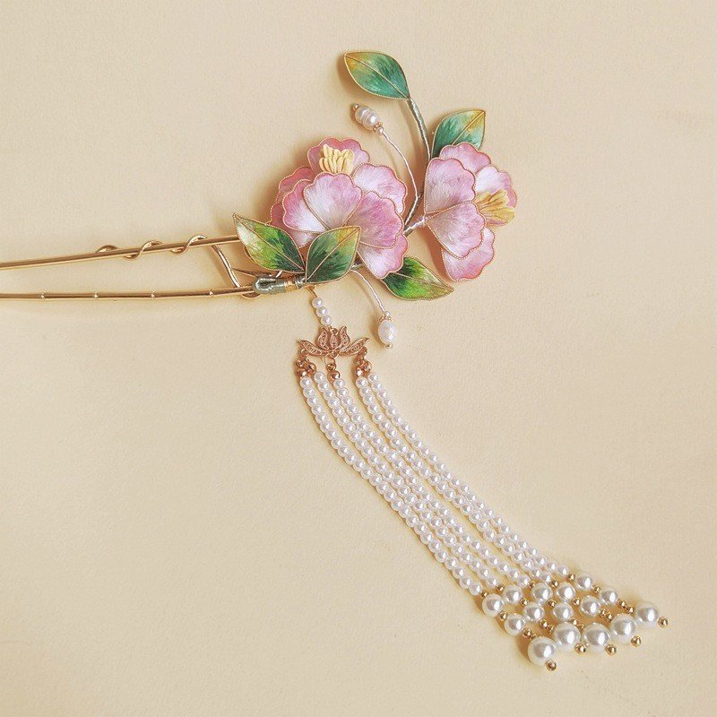 Gradient Silk Flower Hairpin, with or without Pearl Tassel - Image 2