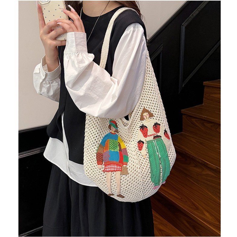 Open-Knit Crochet Shoulder Tote with Two Stitched Girls