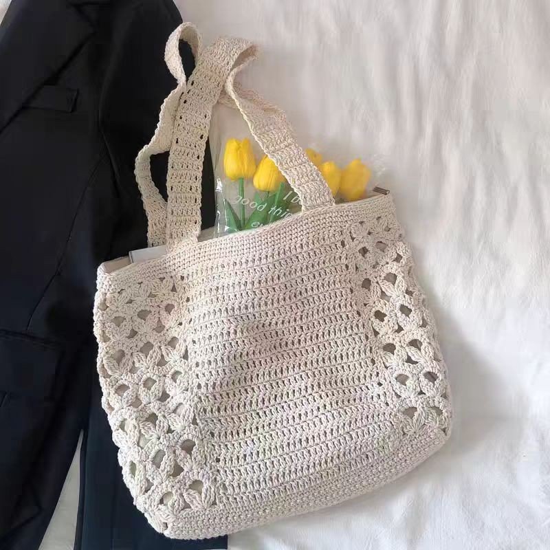 Open-Work Crochet Tote Bag – Cream or Khaki