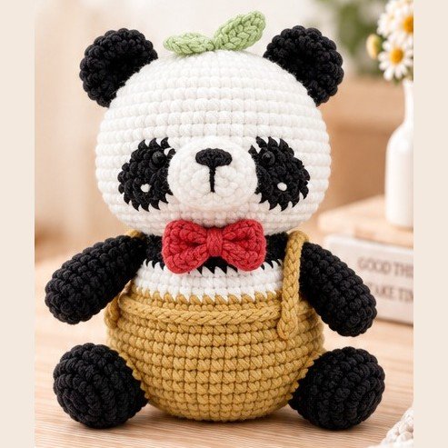 Tofu the Panda – Crochet Panda in Mustard Dungarees