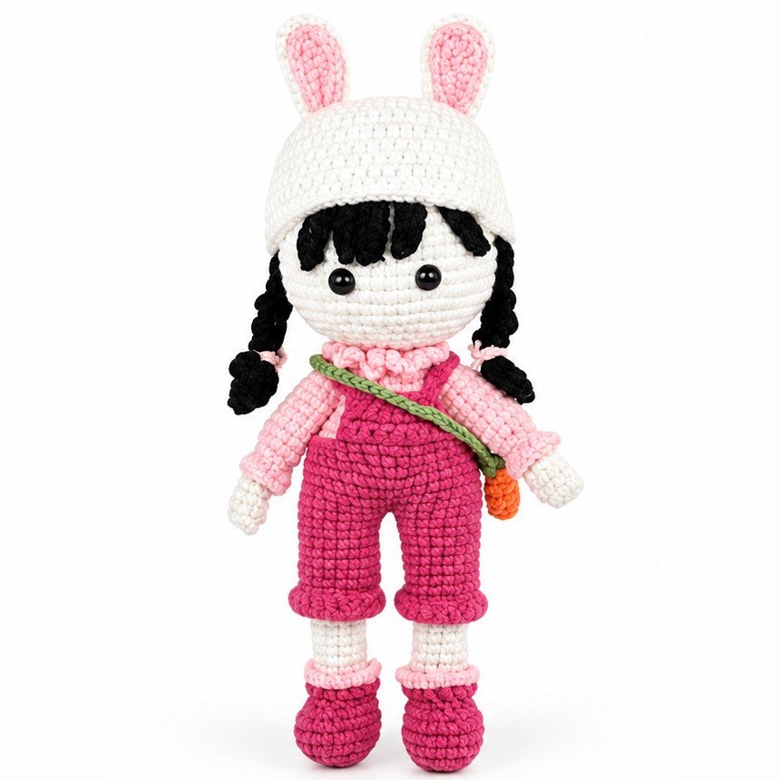 Wren, a crocheted doll in a white bunny-ear hat, pink sweater and rose-pink overalls with a carrot bag